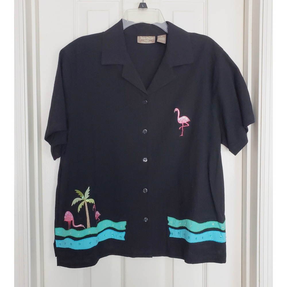 Vtg Jane Ashley Black Flamingo Palm Tree Embroidered Button Up ShirtTropical 1X